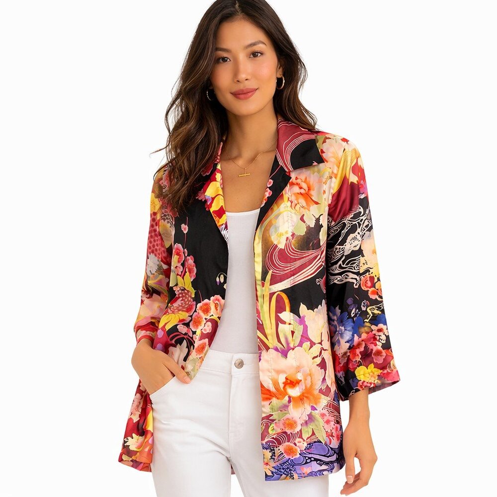Chico’s 100% Silk Floral Kimono Jacket Asian Garden Print Open Front Top Size 0